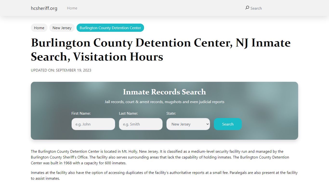 Burlington County Detention Center, NJ Inmate Search, Visitation Hours